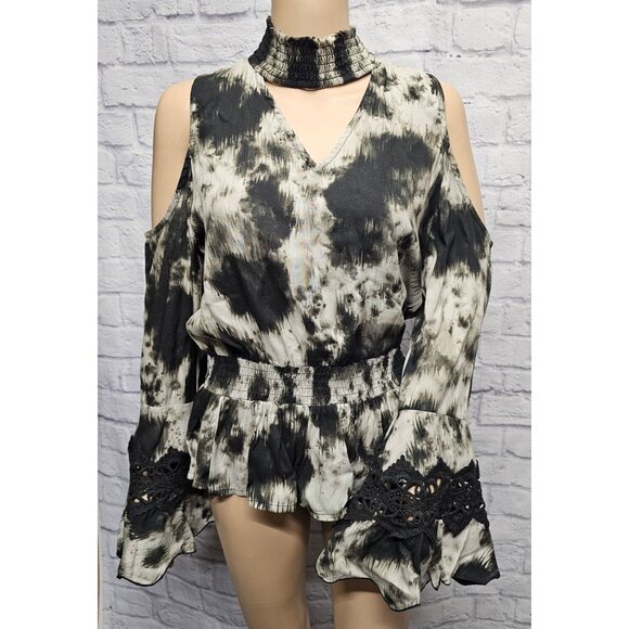 VENUS Tops - VENUS S BLACK BEIGE MOCK NECK COLD SHOULDER SMOCKED WAIST PEPLUM V-NECK L/S TOP